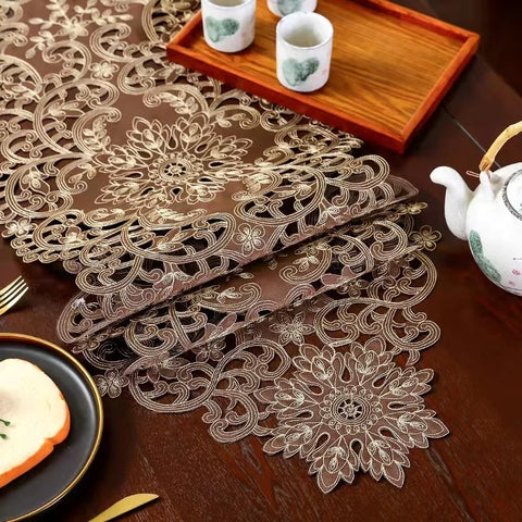 European Style Brown Cloth Handmade Hollow Dining Hall Luxury Table Runner Piano Cover Hotel Villa Gorgeous Weding Decoration