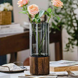 Nordic style elegant glass vase with wooden base, suitable for living room, tabletop, and floral decoration