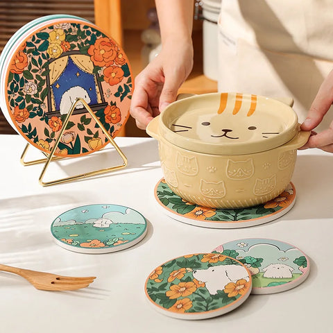 Cartoon Puppy Ceramic Coasters Round Heat Insulation Waterproof Pots and Pans Mat Lovely Thickened Household Non-slip Placemats